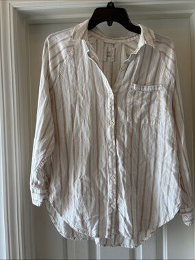 Aerie Striped Button Front Shirt XS Cream Tan Lightweight Coastal Casual